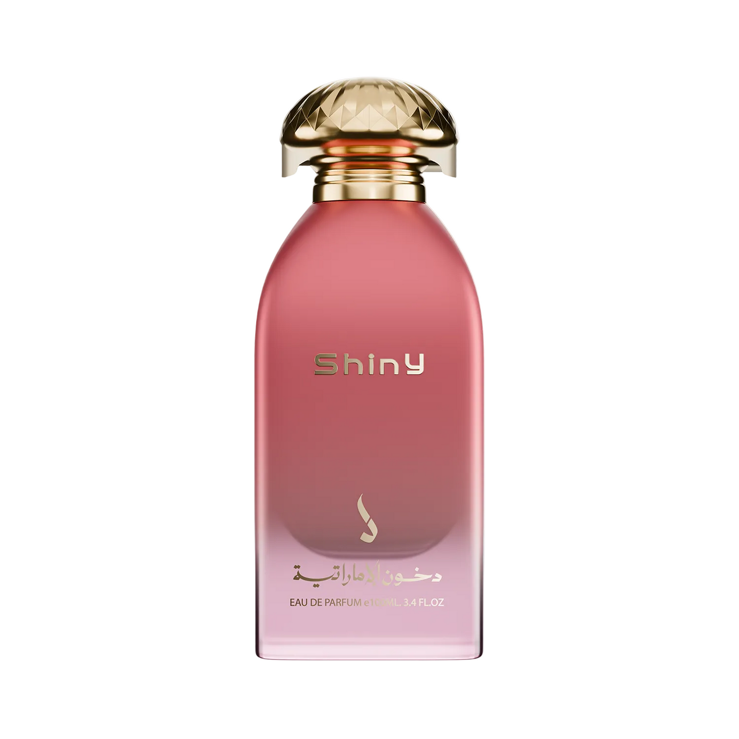 Shiny Eau de Parfum bottle in a soft pink glass with a metallic gold cap, shown on a plain white background.