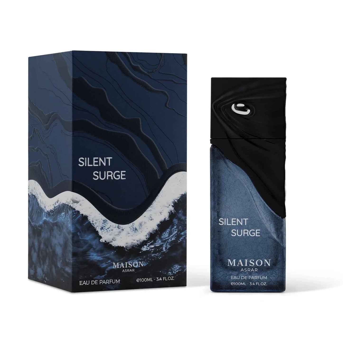 Maison Asgar Silent Surge Eau de Parfum shown with its retail box and matching bottle. The packaging features a dark blue and black marbled wave design with white foam accents, and the bottle has a black cap and a blue marbled body.