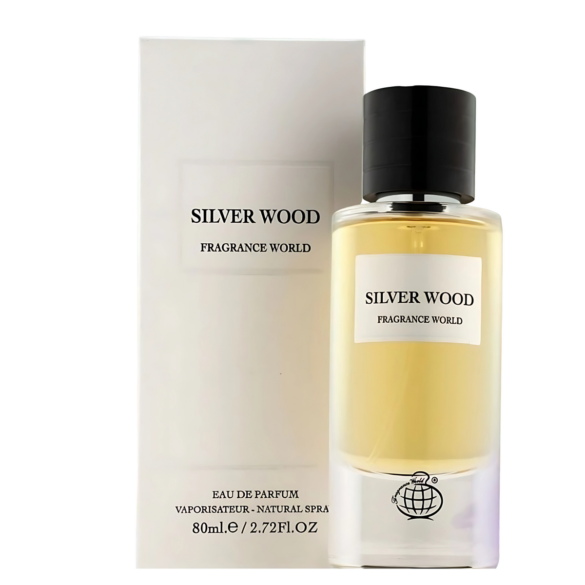 Silver Wood perfume bottle and packaging on a white background