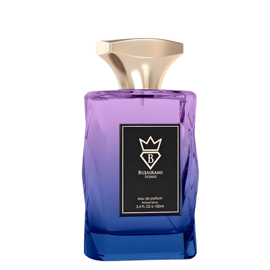 Sovereign Perfume 100ml EDP by Bujairami purple to blue gradient glass perfume bottle with gold cap