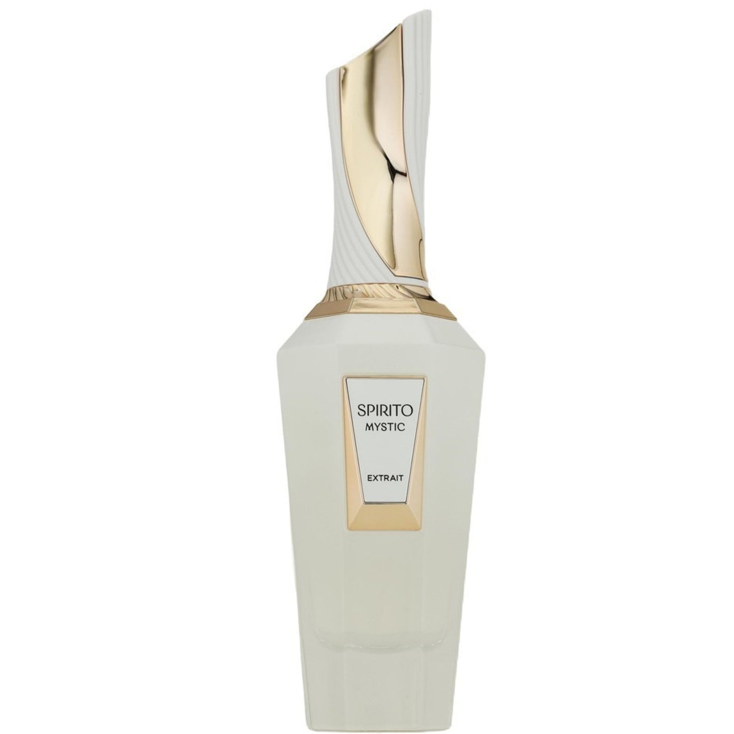 Perfume bottle labeled 'Spirito Mystic Extrait' with gold cap on a white background