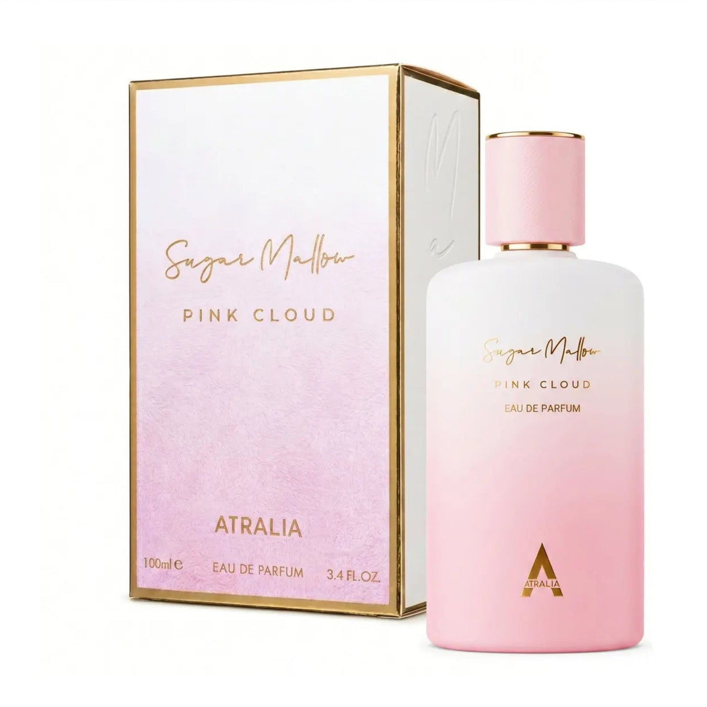 Sugar Melody Pink Cloud Atralia Eau de Parfum bottle next to its packaging box, both featuring a soft pink and white gradient design with gold lettering and borders.
