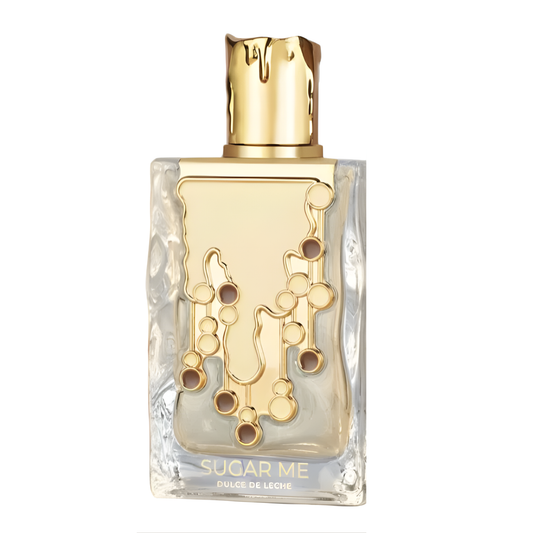 Sugar Me Carrot Perfume bottle with gold cap and decorative label on a white background