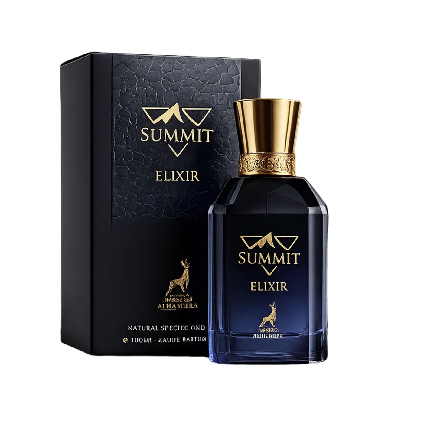 Summit Elixir natural specific scent perfume bottle and its black textured packaging box, featuring gold lettering and a deer logo on a white background.