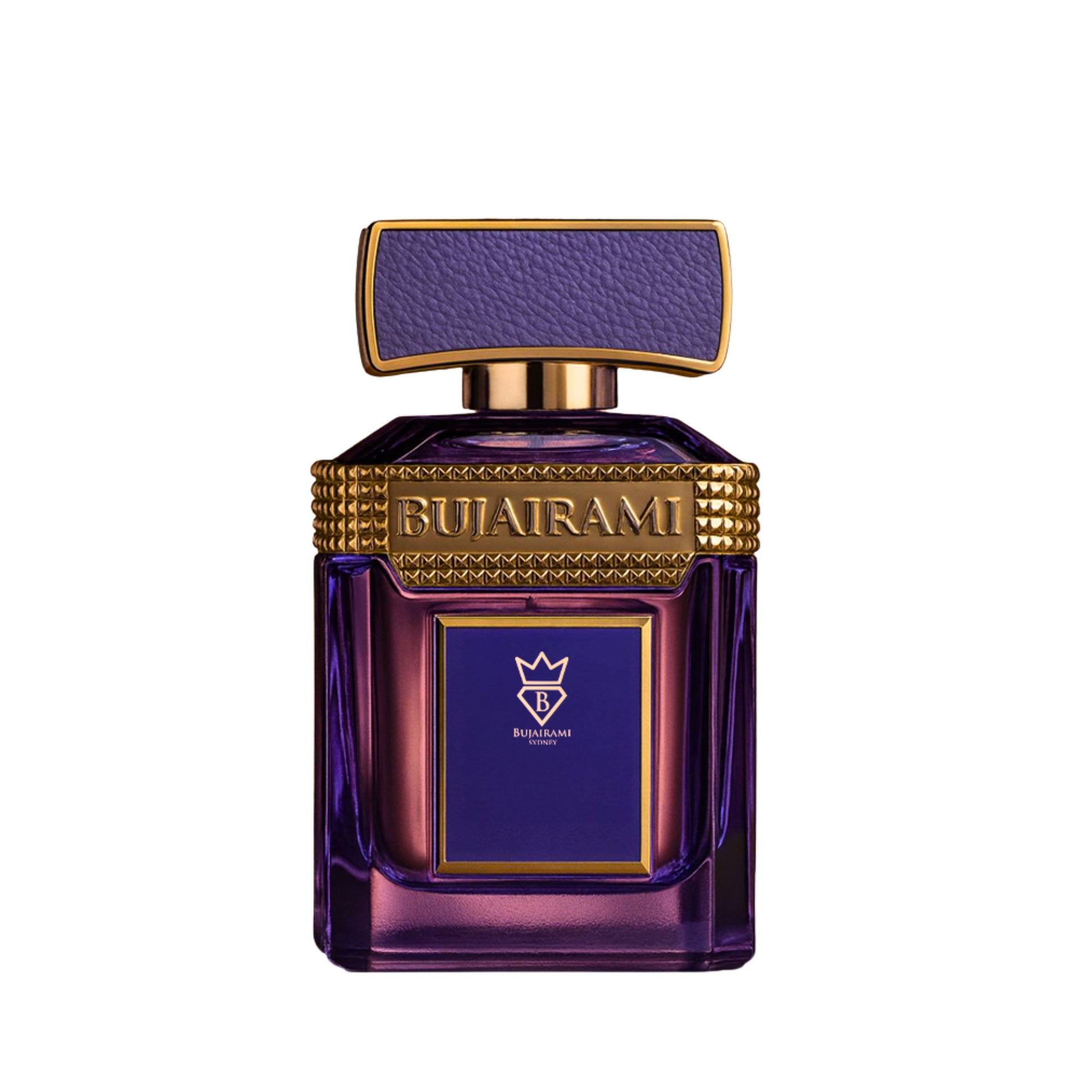 V-luxe  perfume bottle with gold accents on a white background