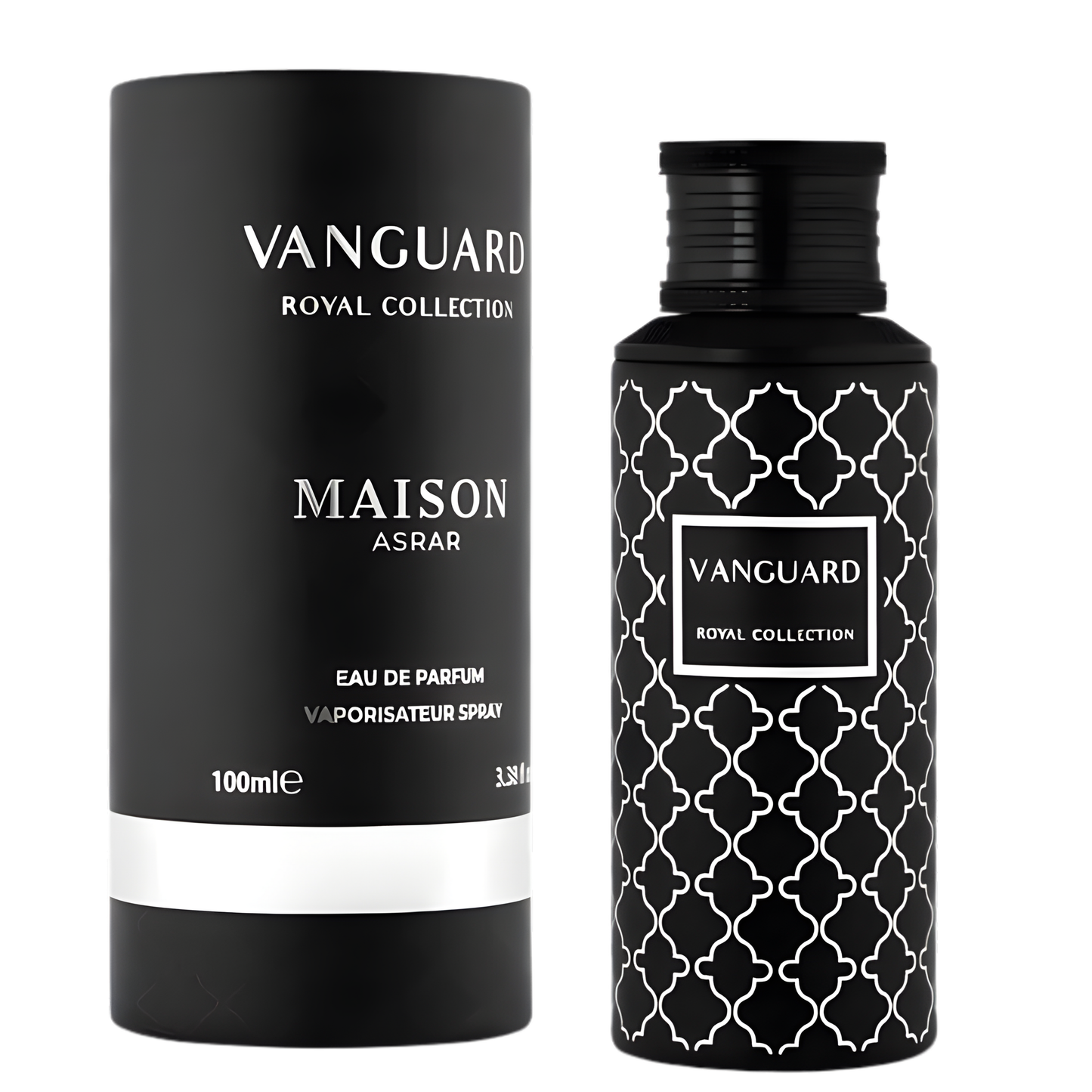 Vanguard Perfume 100ml EDP by Maison Asrar, featuring a sleek black bottle with a white geometric pattern and matching black cap