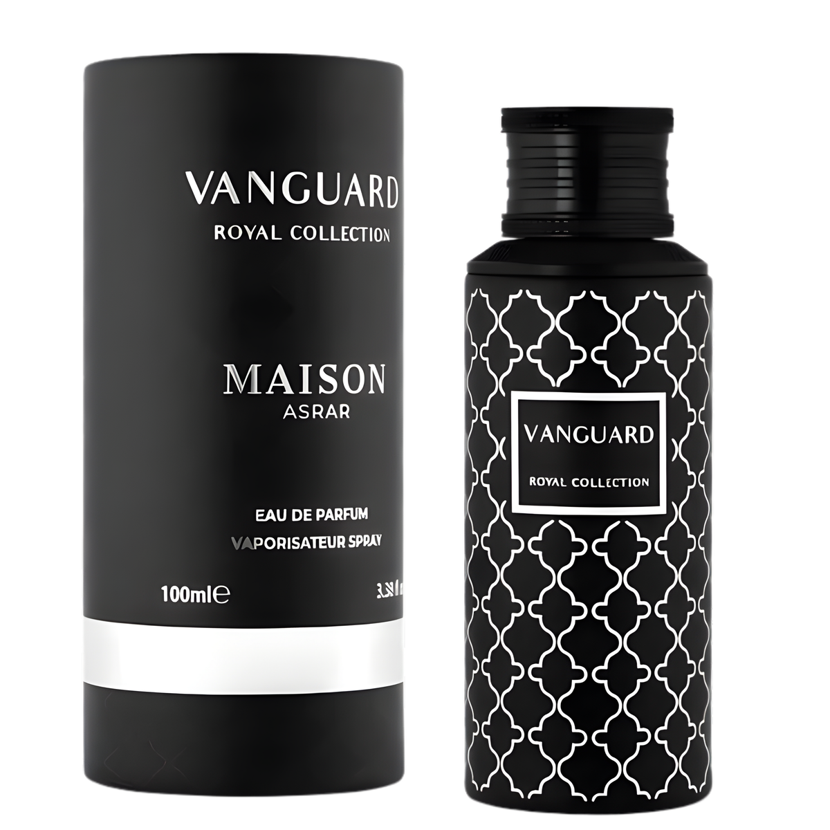 Vanguard Perfume 100ml EDP by Maison Asrar, featuring a sleek black bottle with a white geometric pattern and matching black cap