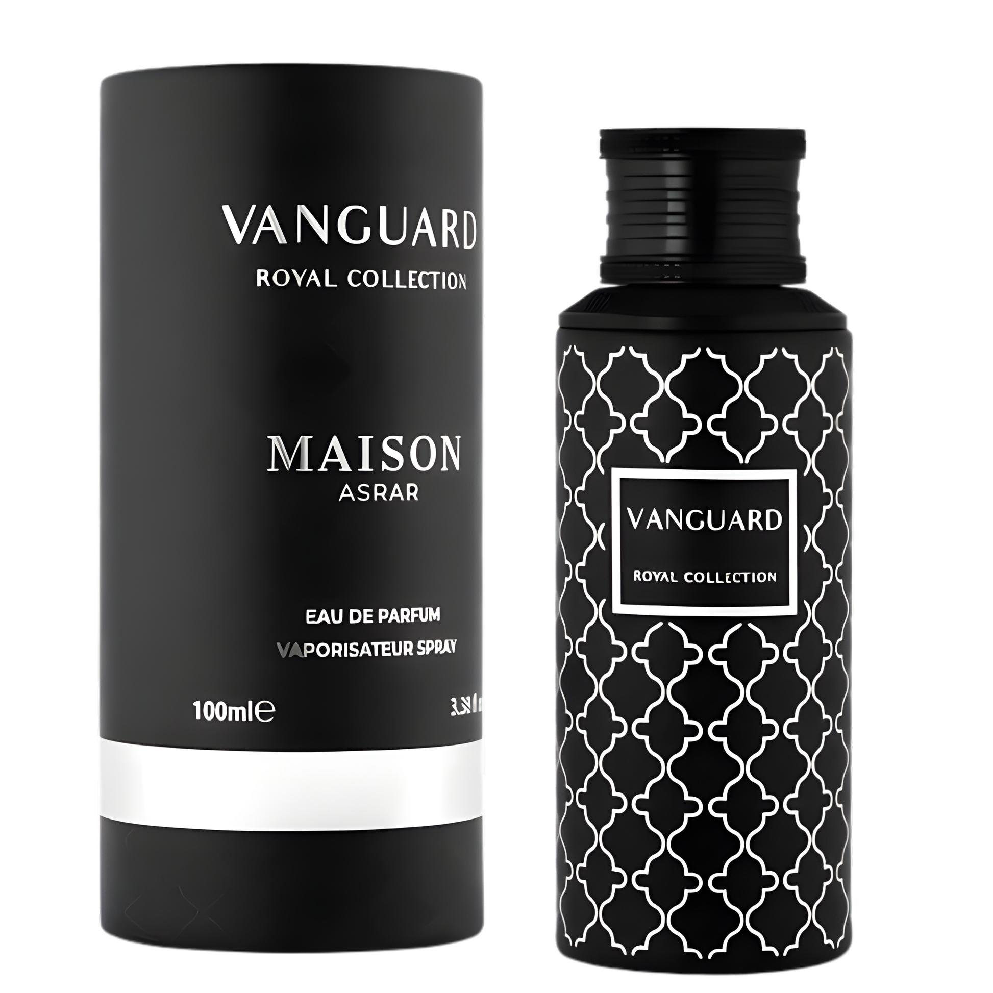 Vanguard Perfume 100ml EDP by Maison Asrar, featuring a sleek black bottle with a white geometric pattern and matching black cap