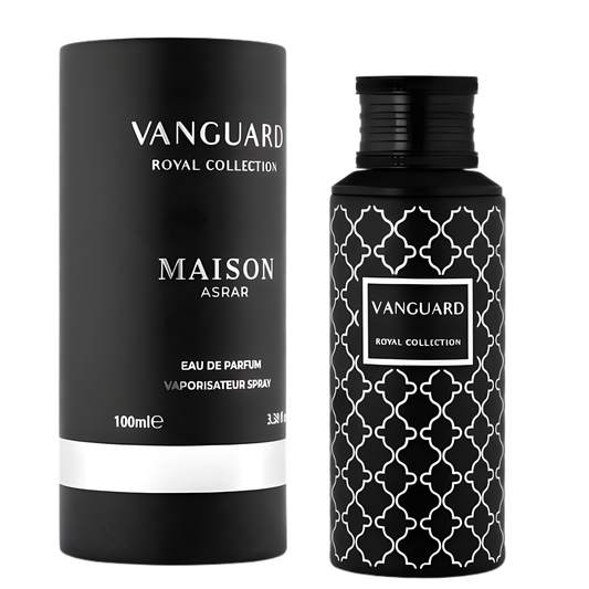 Vanguard Perfume 100ml EDP by Maison Asrar, featuring a sleek black bottle with a white geometric pattern and matching black cap