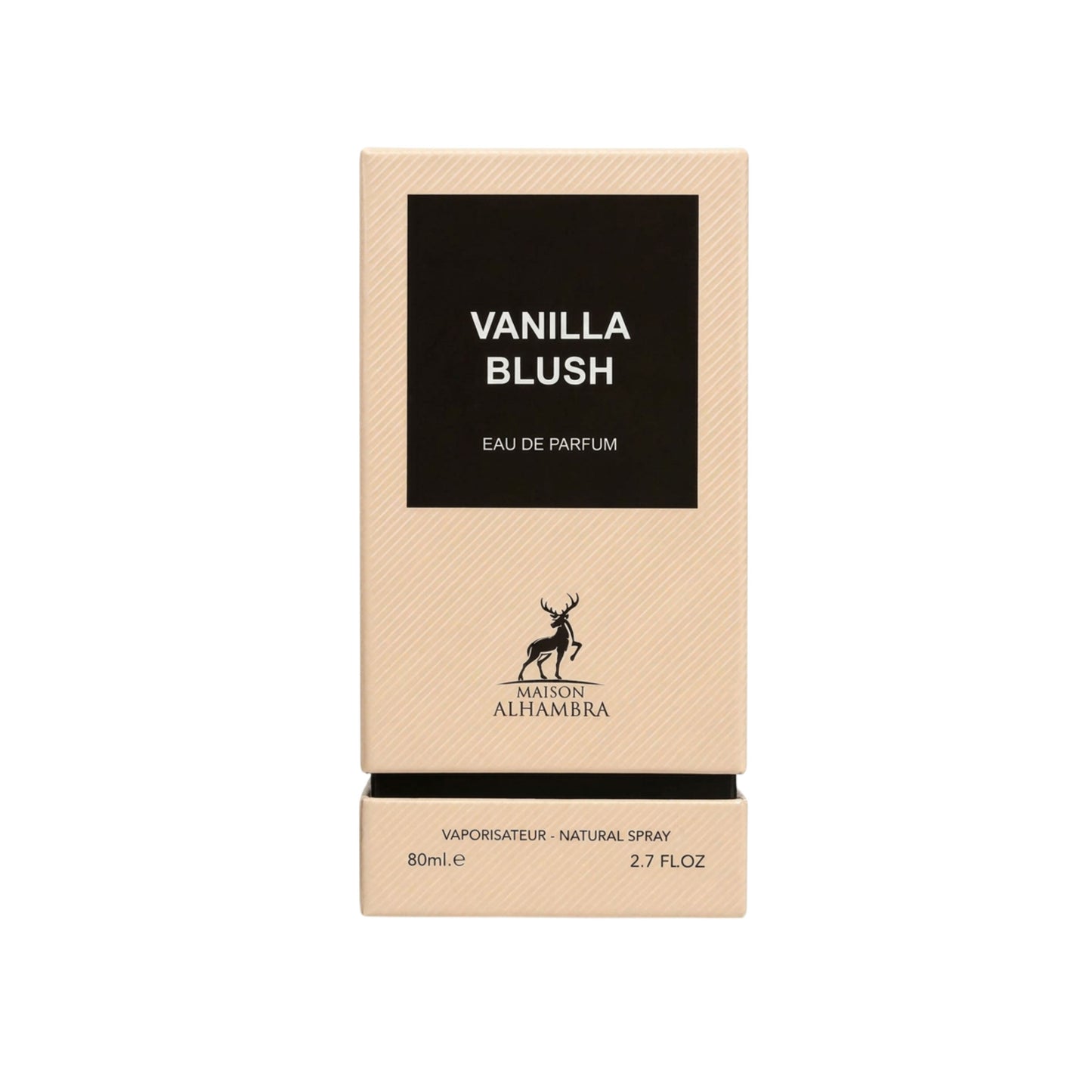 Vanilla Blush Eau de Parfum by Mark & Althamra, shown in its beige textured packaging box with a black label panel and deer logo, on a plain white background.