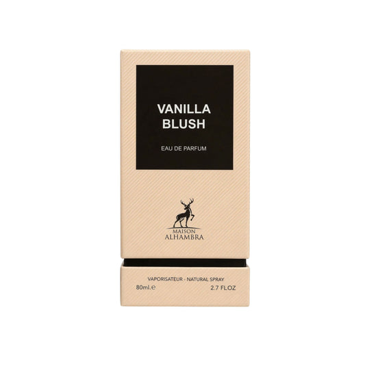 Vanilla Blush Eau de Parfum by Mark & Althamra, shown in its beige textured packaging box with a black label panel and deer logo, on a plain white background.