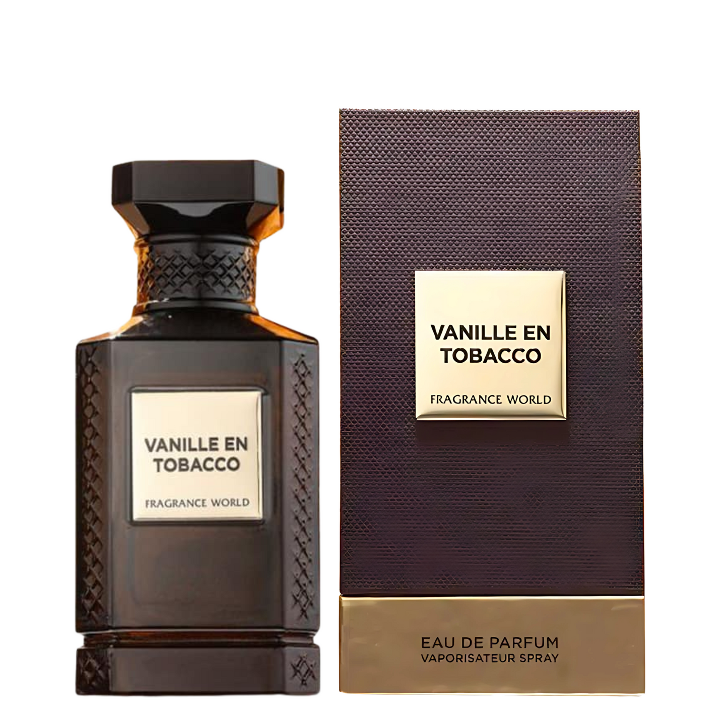 Vanille en Tabac perfume bottle and packaging on a white background