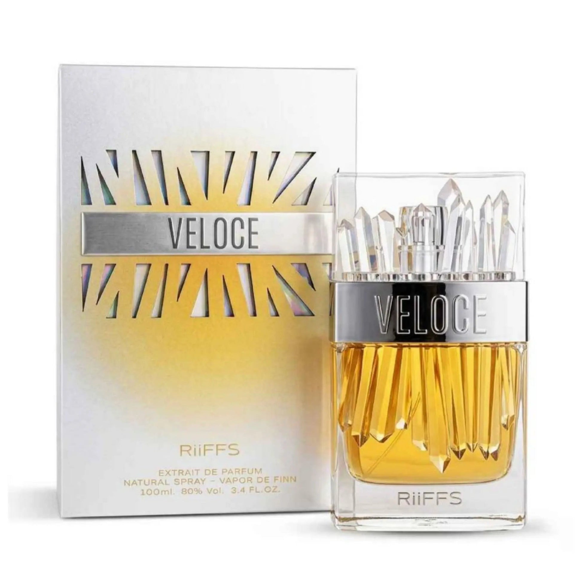Perfume bottle and packaging of 'Veloce' by Riiffs on a white background