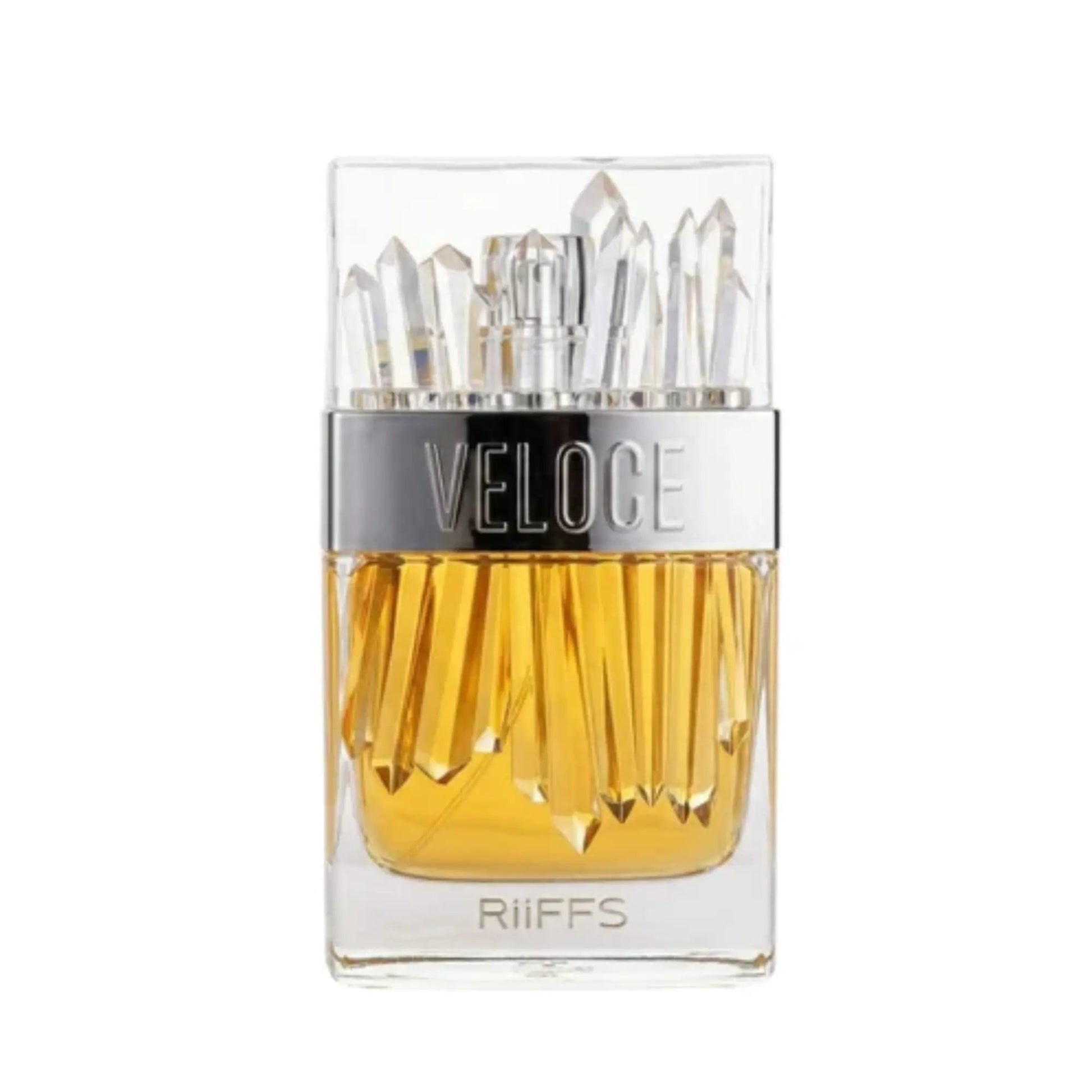 Veloce Perfume bottle with crystals on a white background